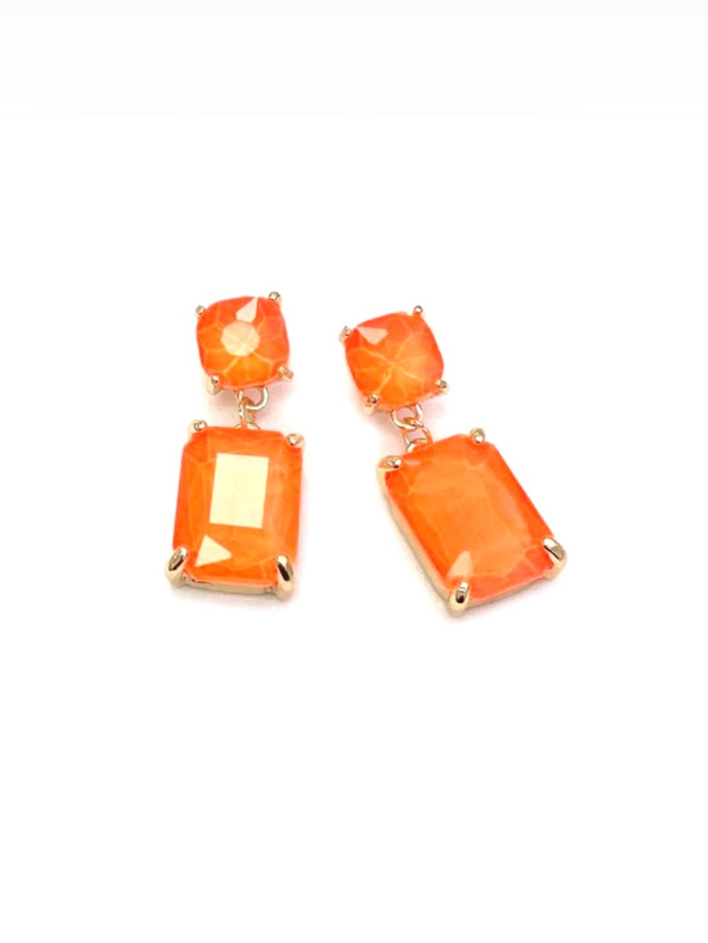 Neon Orange Stone Square shape 2 link cushion cut glass stud earrings.